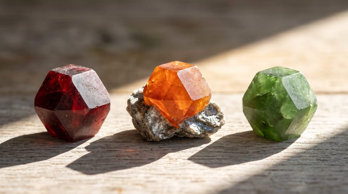 Trois cristaux de grenat dodécaédriques rouge, orange et vert illustrant les espèces de la famille