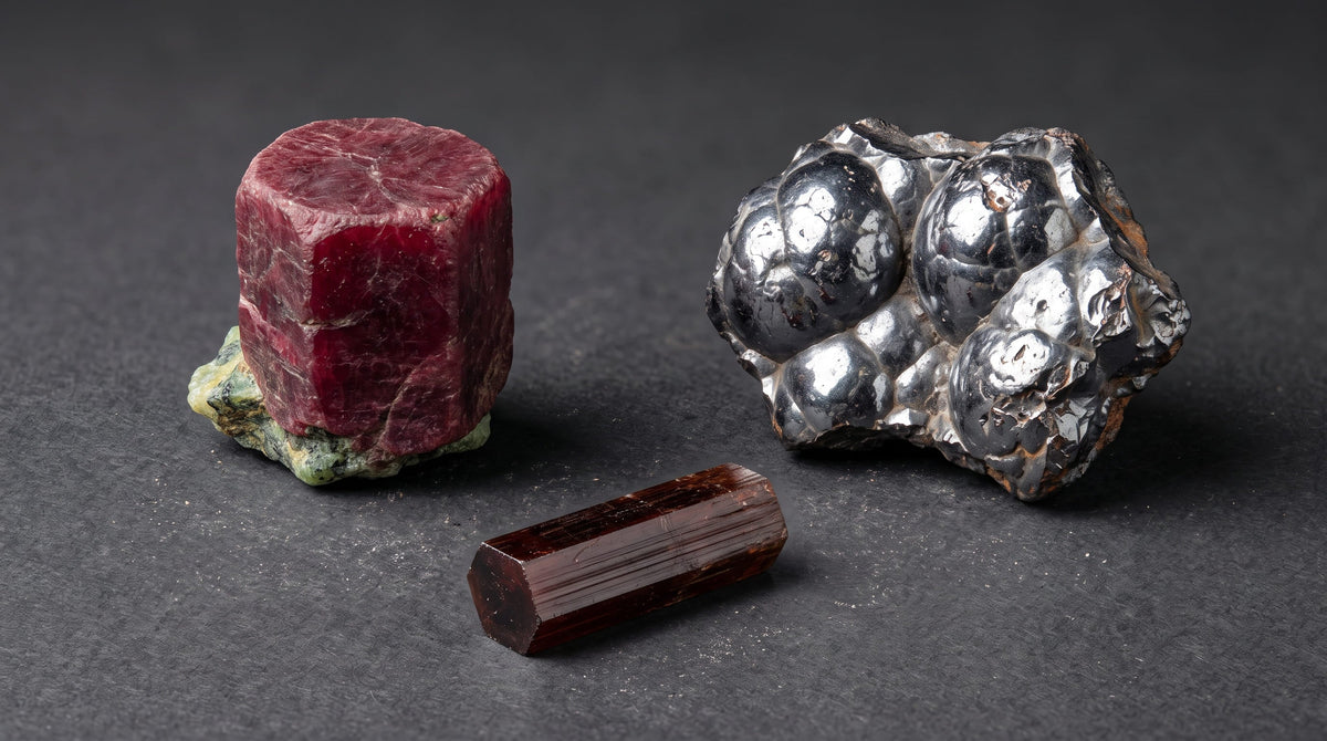 Trois oxydes — corindon rubis, hématite botryoïdale et rutile prismatique