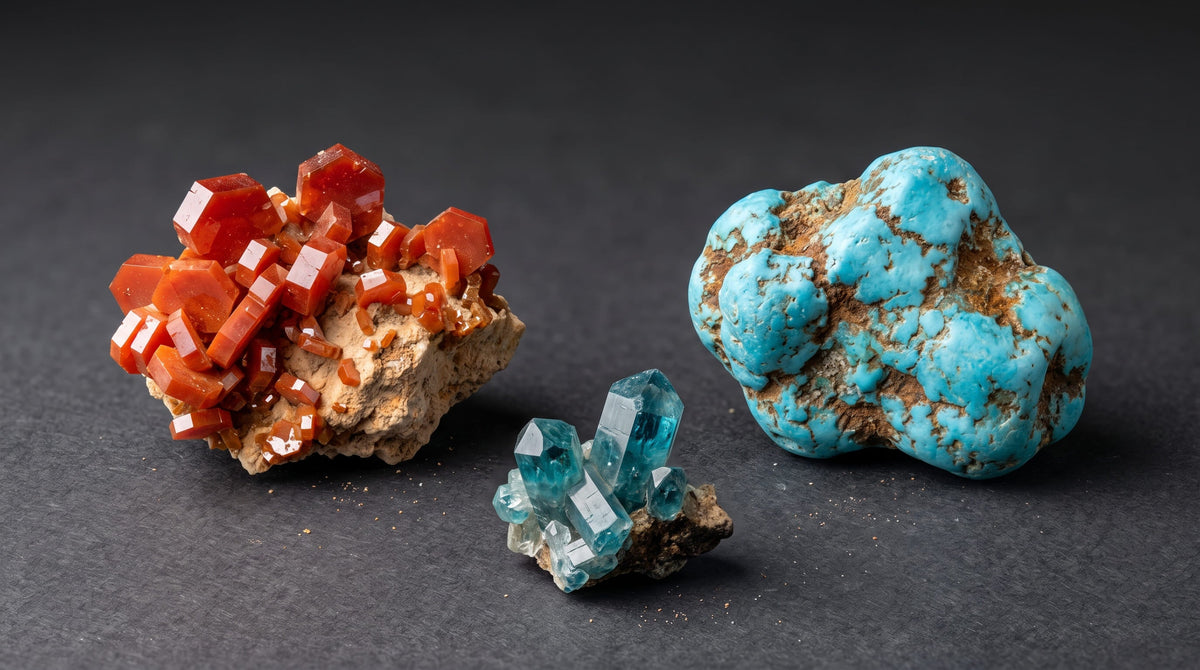 Trois phosphates et vanadates — vanadinite du Maroc, turquoise brute et apatite hexagonale