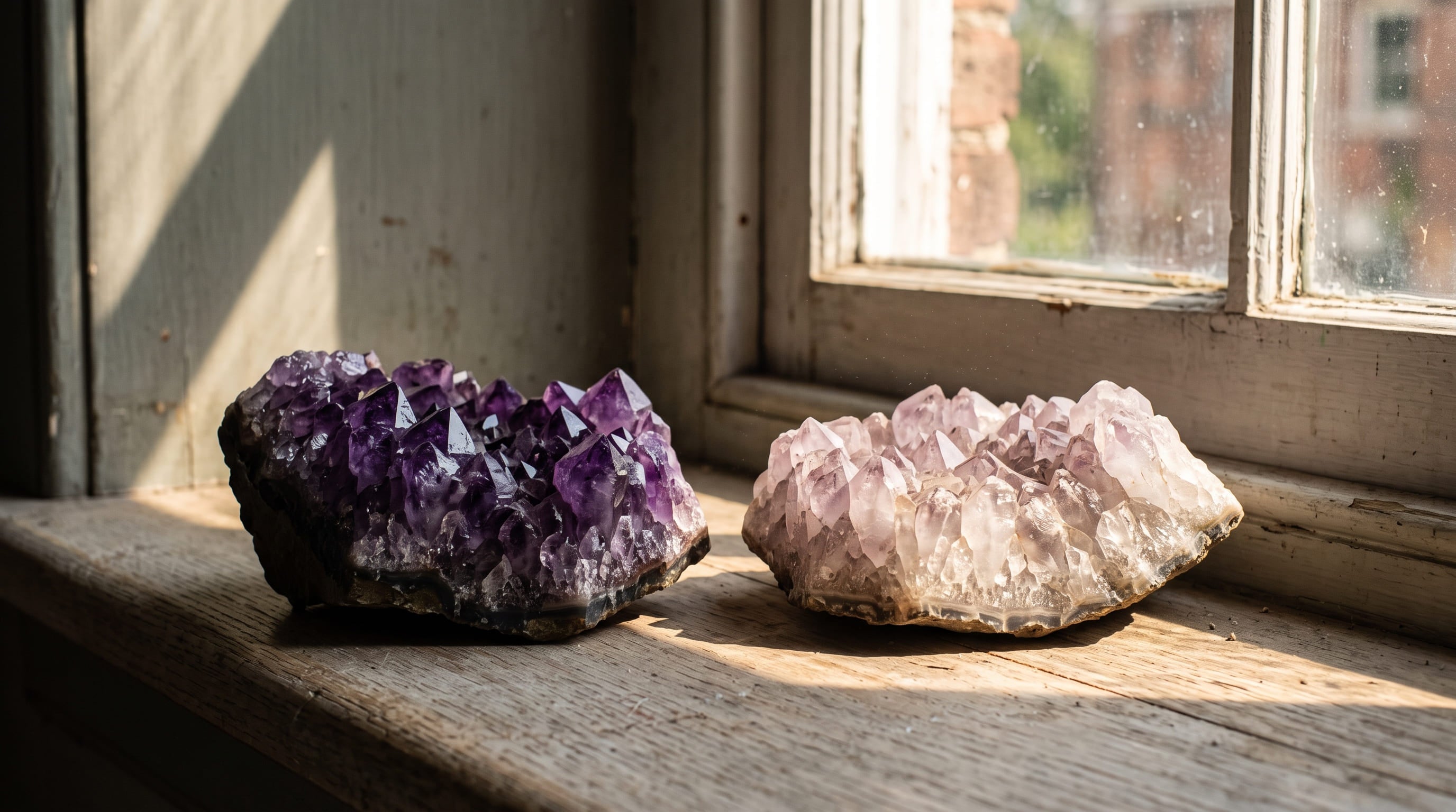 Géode d'améthyste dont la moitié exposée au soleil a perdu sa couleur violette