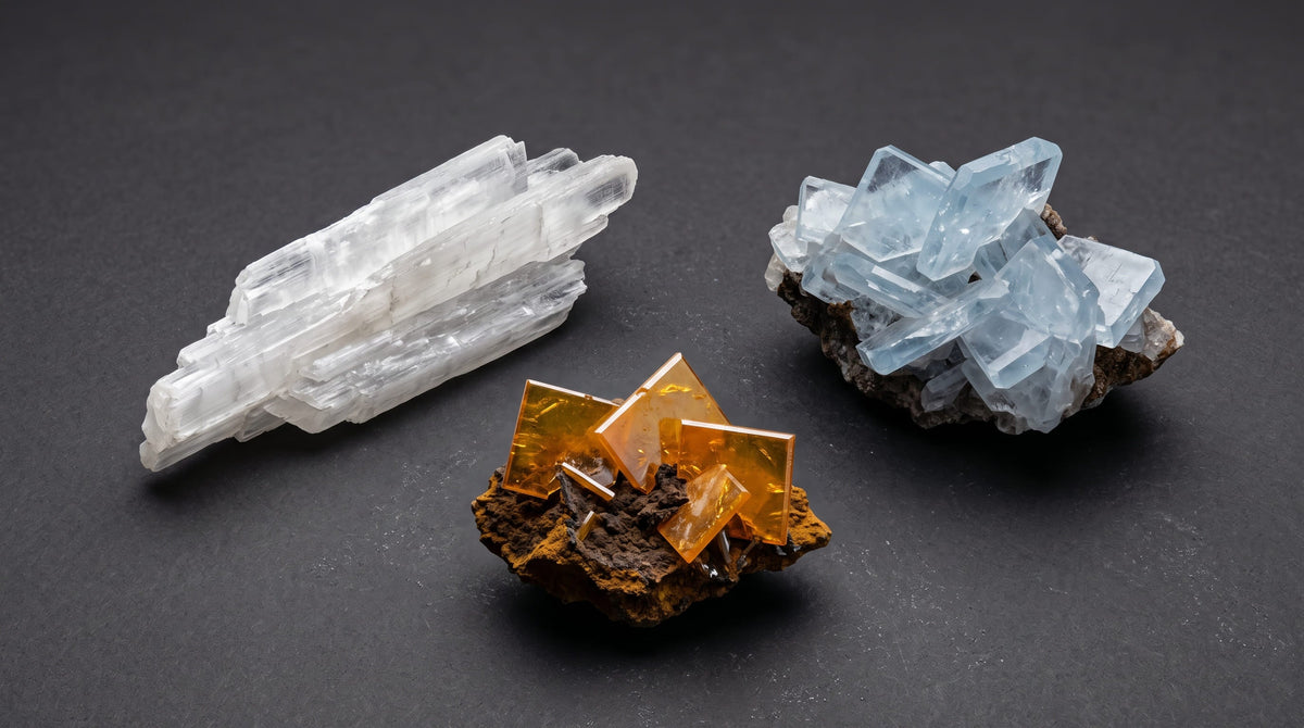Trois sulfates et molybdates — sélénite bladée, barytine bleue tabulaire et wulfénite orange