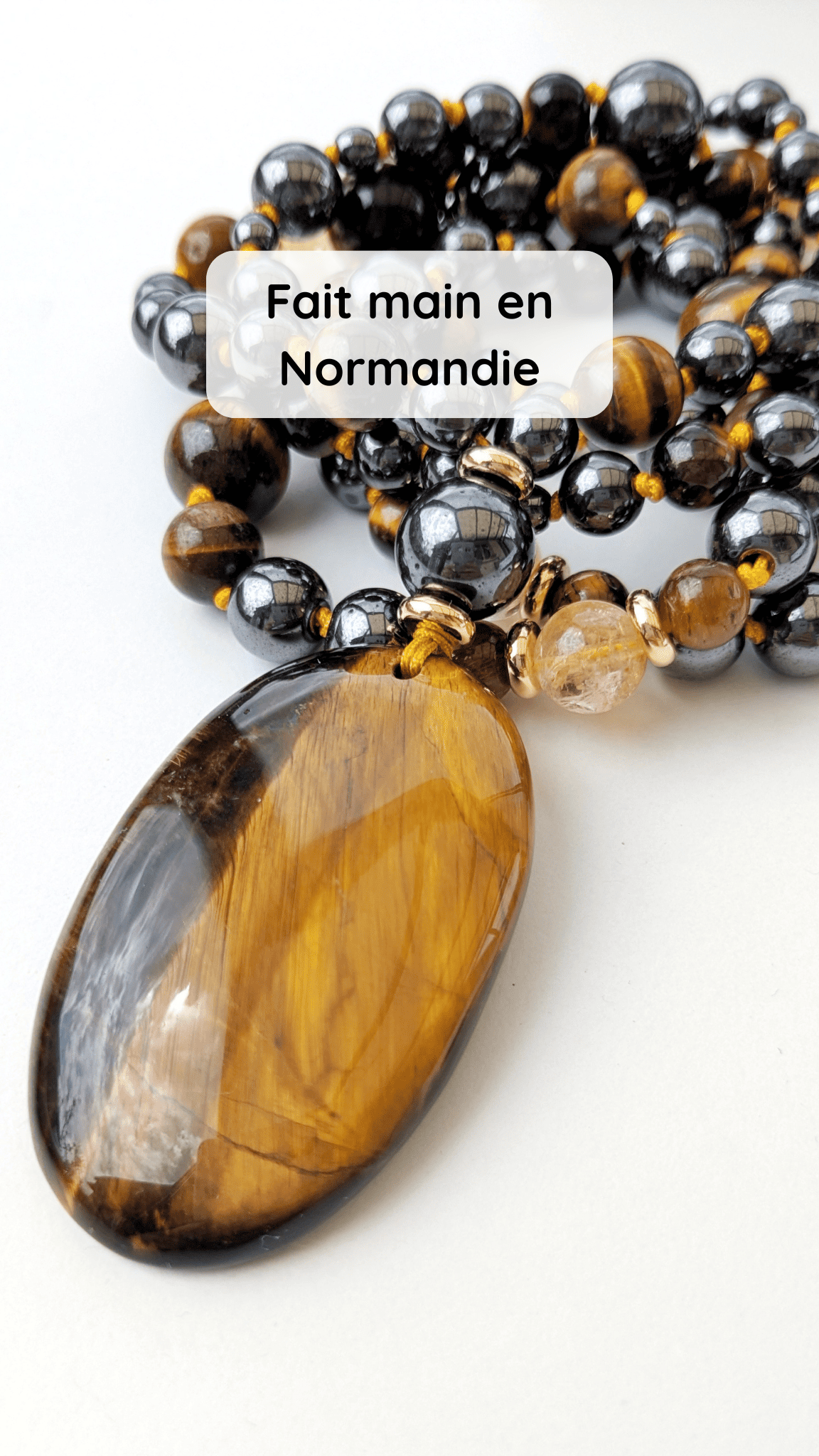 Collier mala "JE PRENDS MA PLACE" - Hématite Oeil de tigre et Citrine