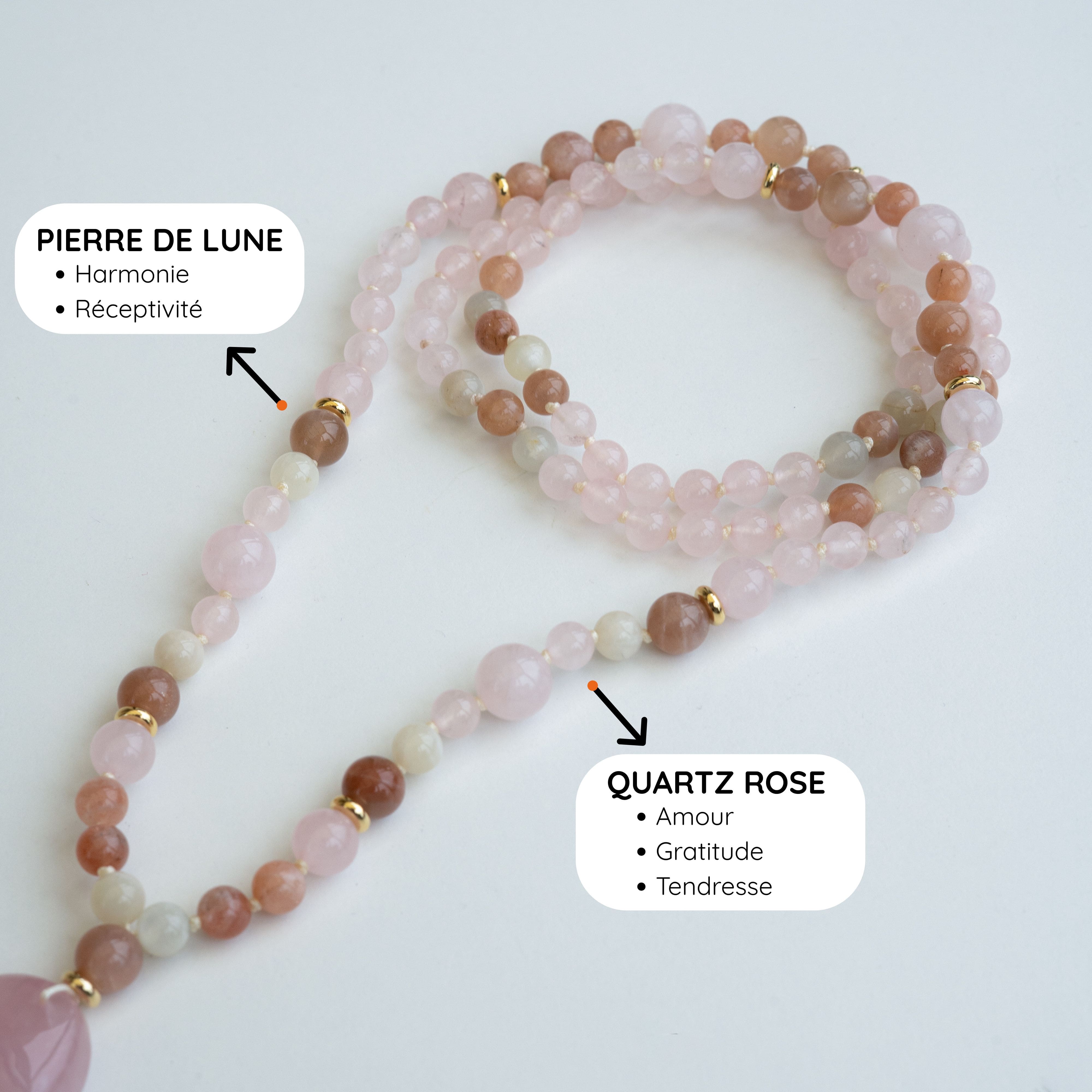 Collier mala "JE CÉLÈBRE" - Quartz rose et Pierre de lune