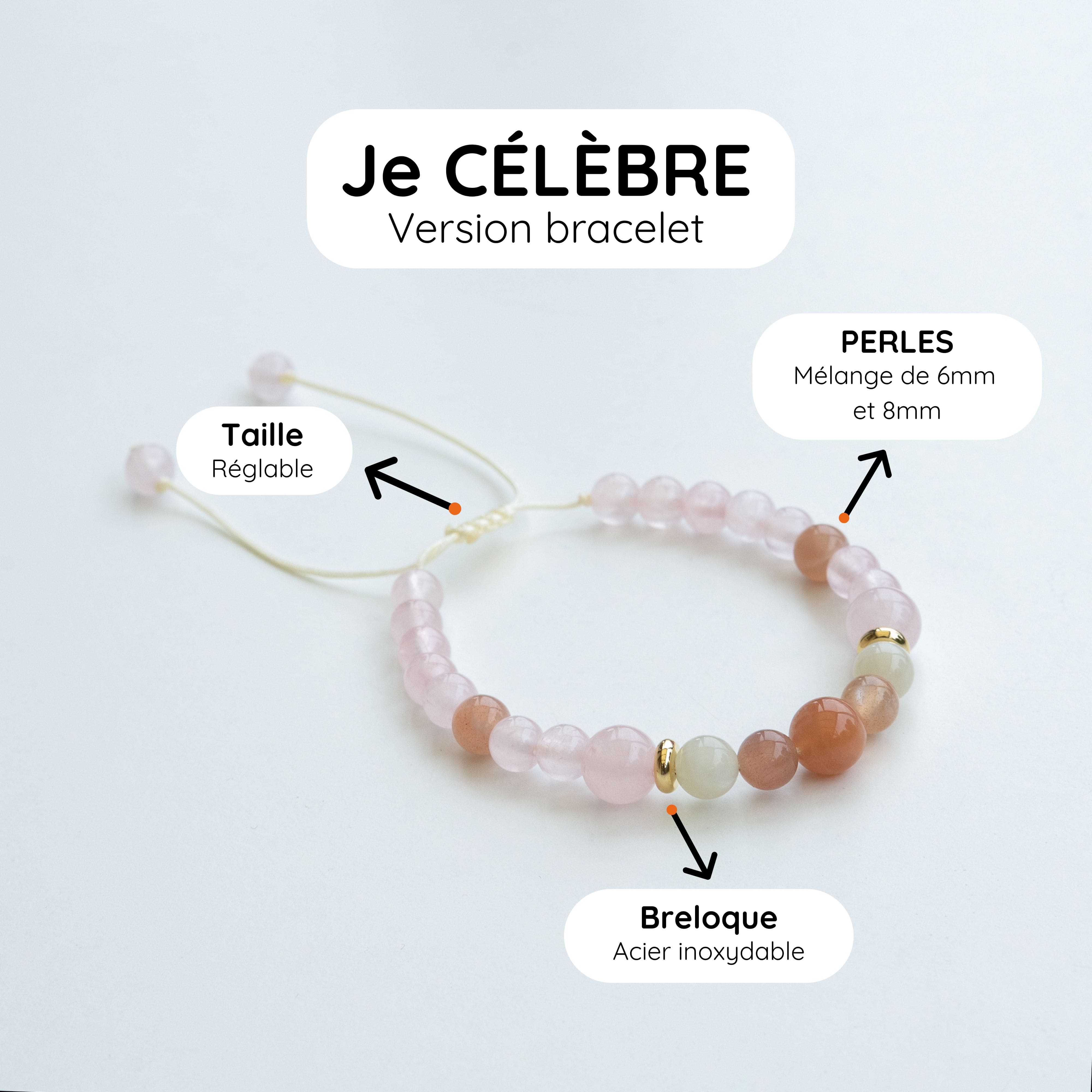 Collier mala "JE CÉLÈBRE" - Quartz rose et Pierre de lune