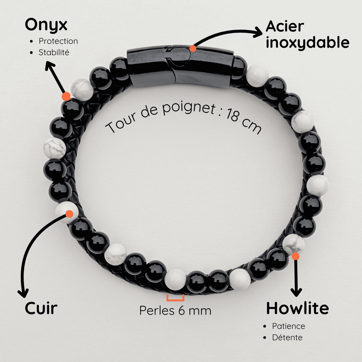 Bracelet Homme Pierre naturelle cuir taille 18cm Onyx et Howlite