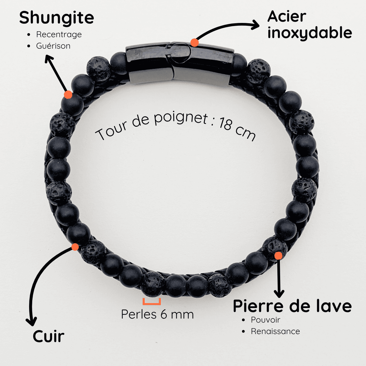 Bracelet Homme Pierre naturelle cuir taille 18cm Pierre de Lave et Shungite 