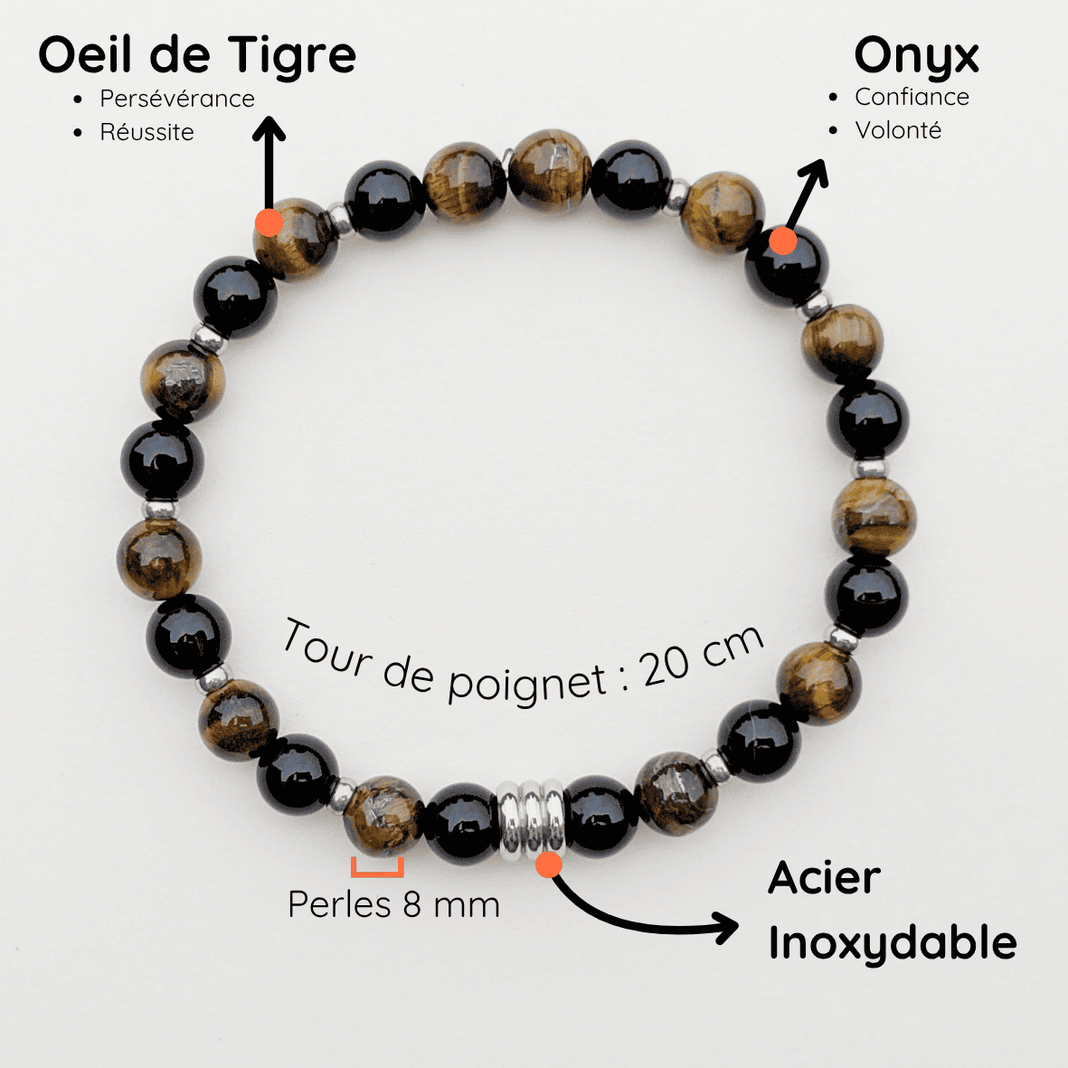 Bracelet Homme Pierre naturelle extensible taille 20cm Onyx et Oeil de Tigre