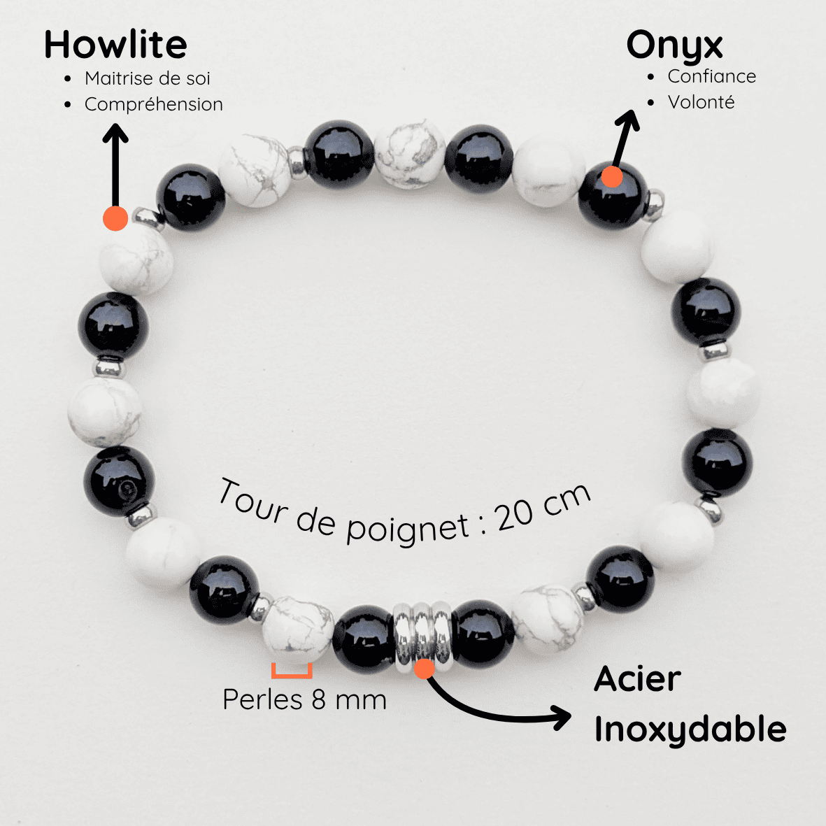 Bracelet Homme Pierre naturelle extensible taille 20cm Onyx et Howlite