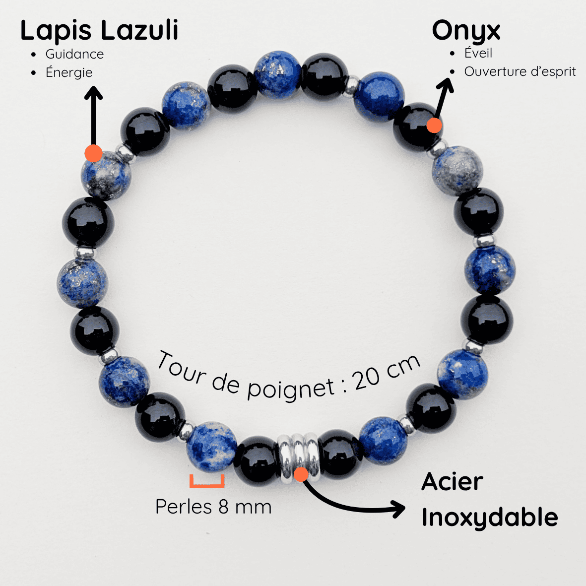 Bracelet Homme Pierre naturelle extensible taille 20cm Onyx et Lapis Lazuli