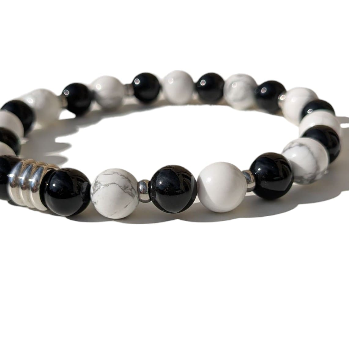 Bracelet Homme extensible Pierre Naturelle Onyx et Howlite