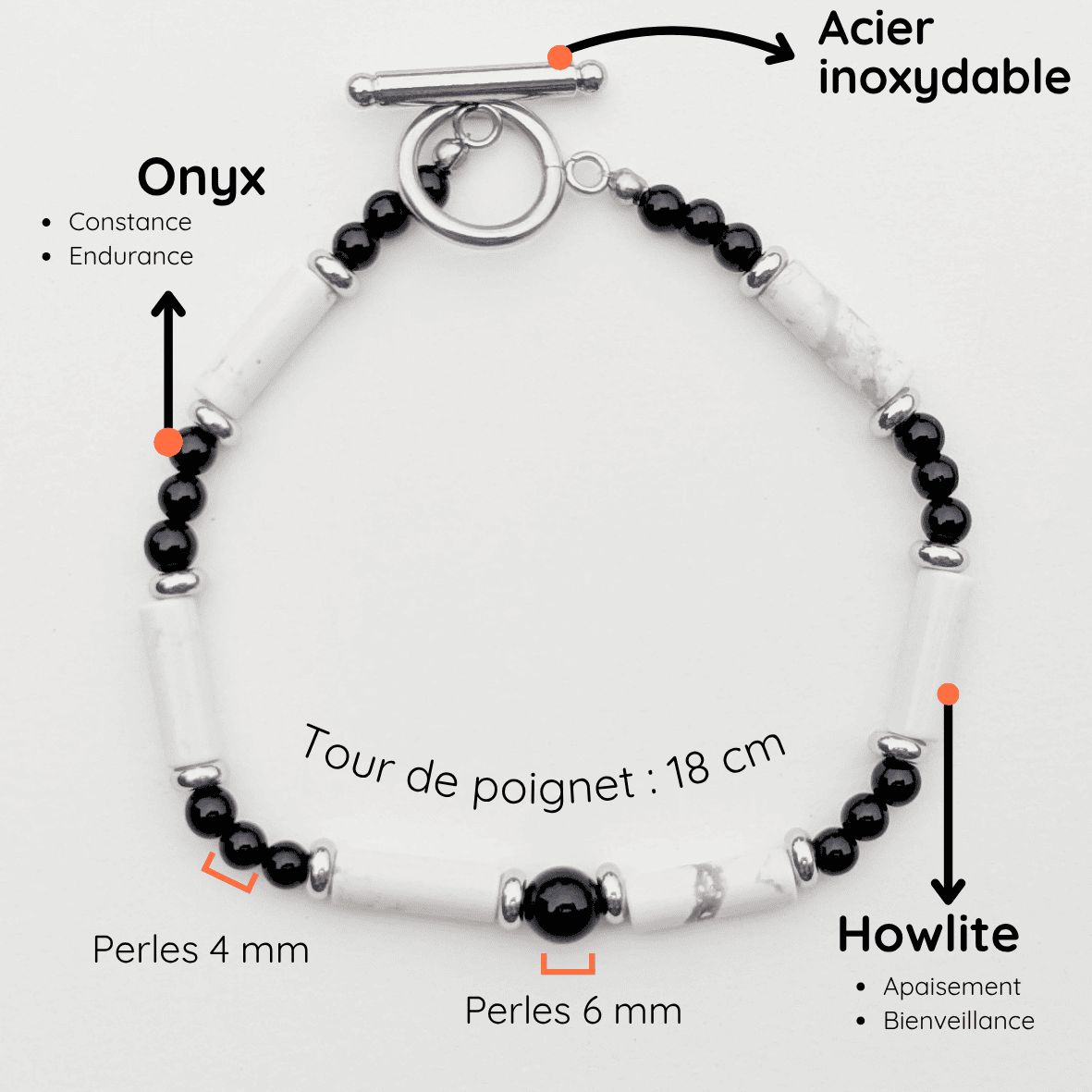 Bracelet Homme Pierre naturelle taille 18 cm Onyx et Howlite