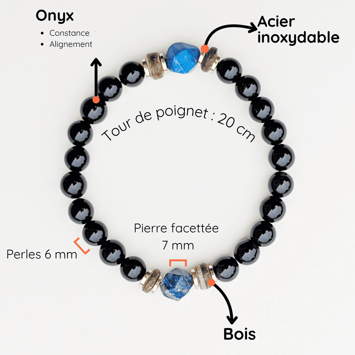 Bracelet Homme Pierre naturelle Boisextensible taille 20cm Onyx et Lapis Lazuli