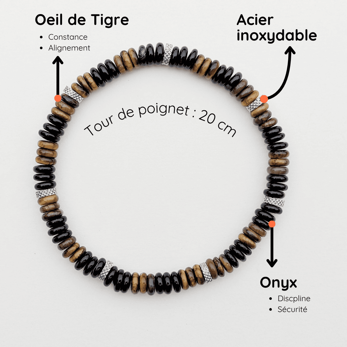 Bracelet Homme Pierre naturelle extensible taille 20cm Onyx et Oeil de Tigre