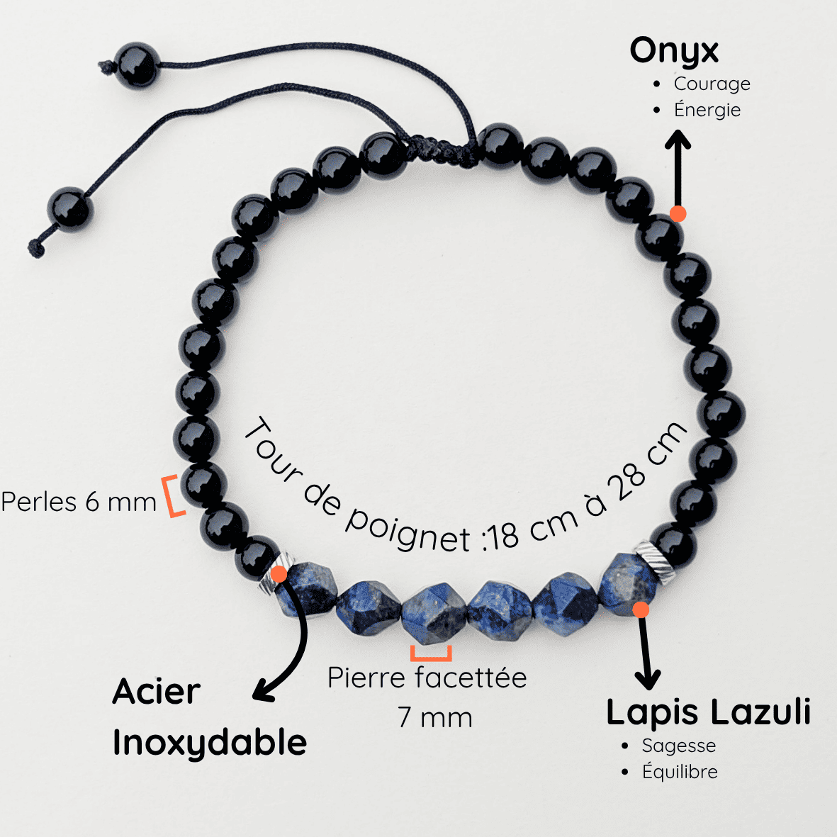 Bracelet Homme Pierre naturelle réglable taille 18 à 28cm Onyx et Lapis Lazuli