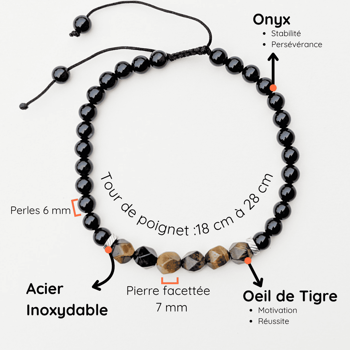 Bracelet Homme Pierre naturelle réglable taille 18 à 2! cm Onyx et Oeil de Tigre