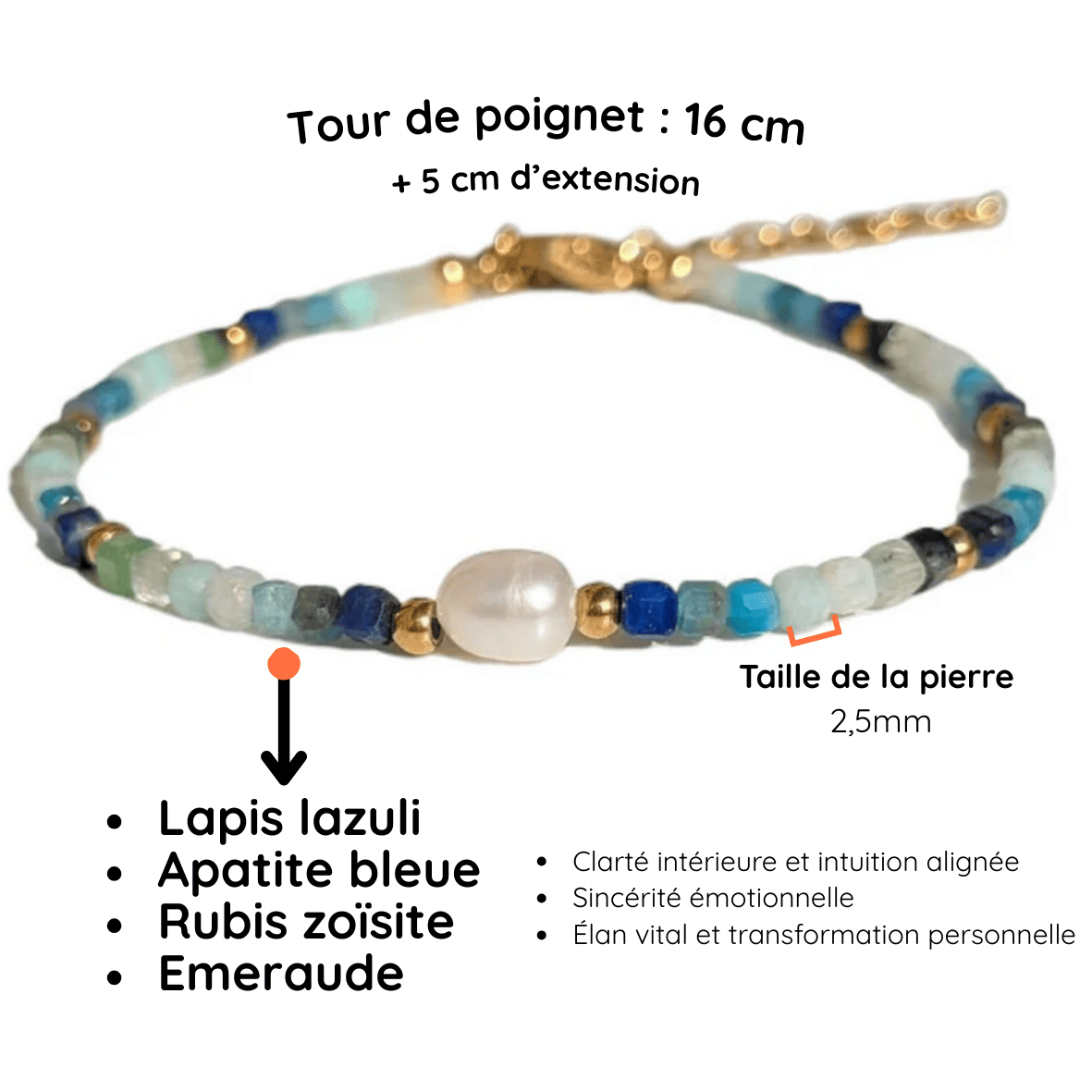 Fiche descriptive bracelet perle pierre Lapis lazuli Apatite bleue Rubis zoisite Emeraude