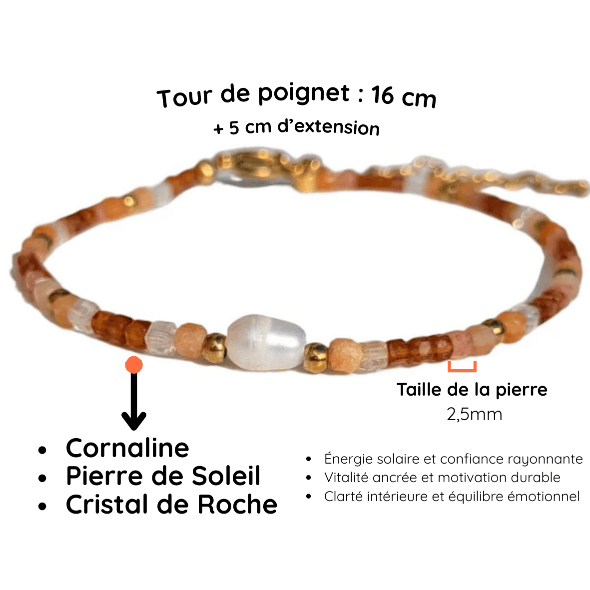 Fiche descriptive bracelet perle pierre Pierre de soleil , cornaline, cristal de roche