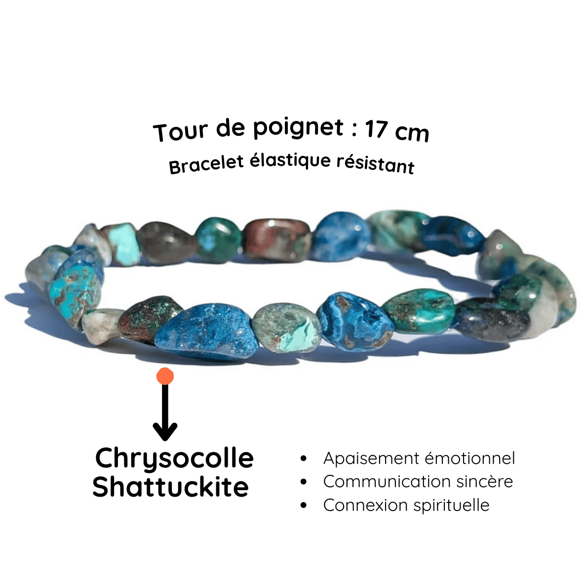 Fiche descriptive du Bracelet pierre roulée Chrysocolle Shattuckite