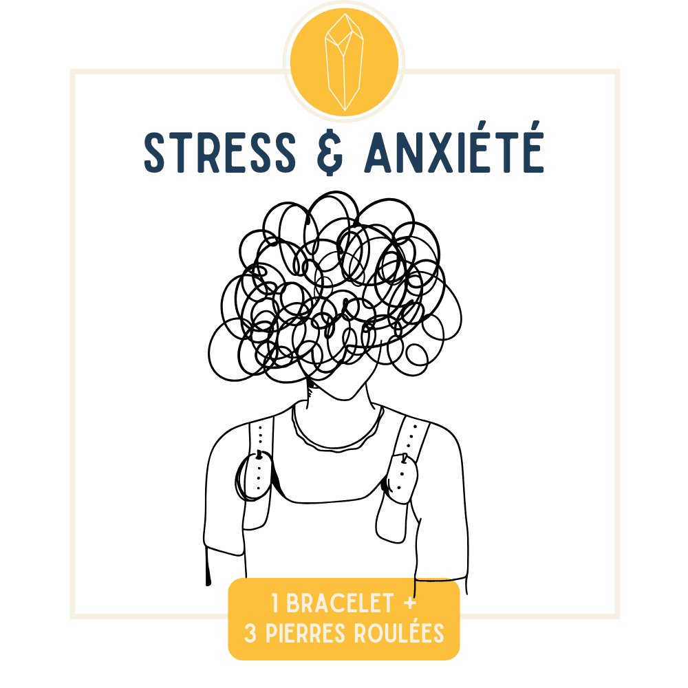 Pierres contre le stress au travail : améthyste, howlite, quartz fumé, fluorite sur un bureau