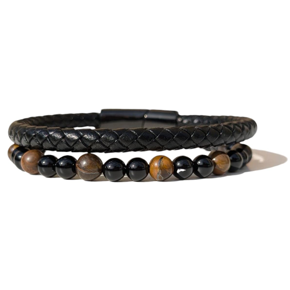 Bracelet Homme Cuir noir Onyx et Œil de Tigre