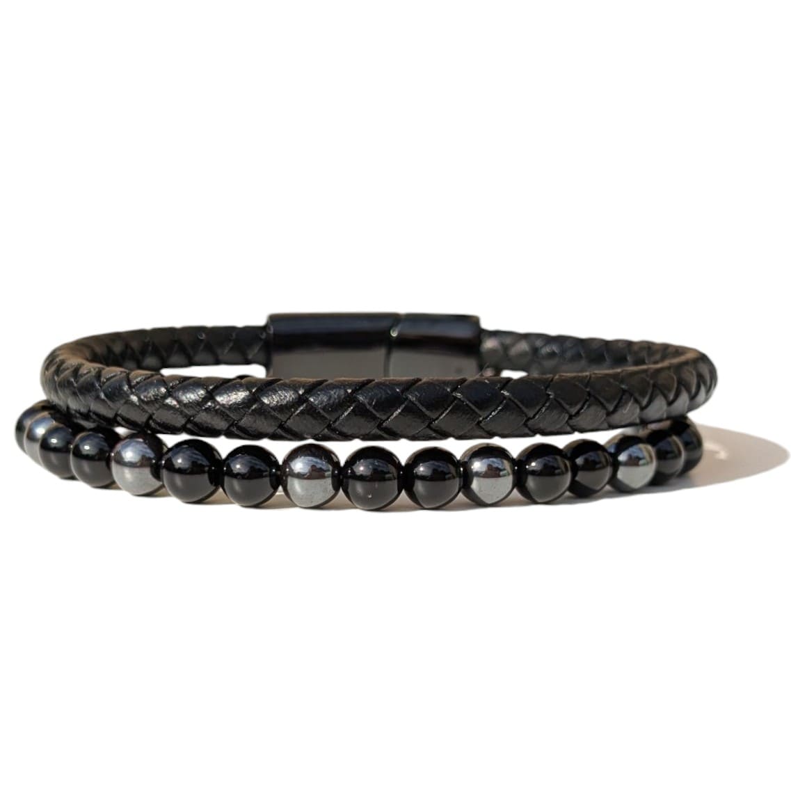 Bracelet Homme Cuir noir Onyx et Hématite