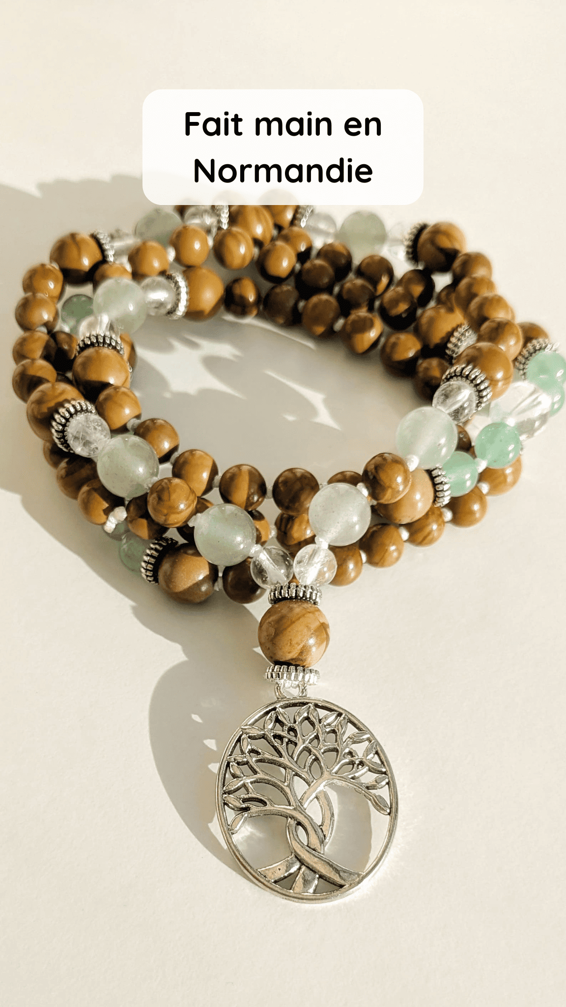 Collier mala "Je manifeste" - Aventurine, Cristal de roche, Bois fossile