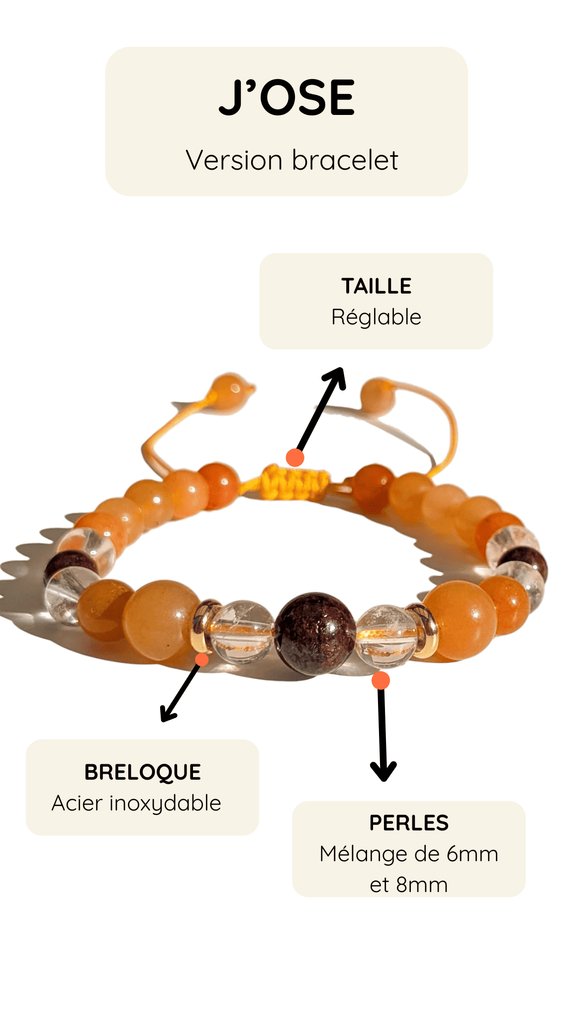 Collier mala "J’OSE" — Aventurine orange, Grenat & Cristal de roche