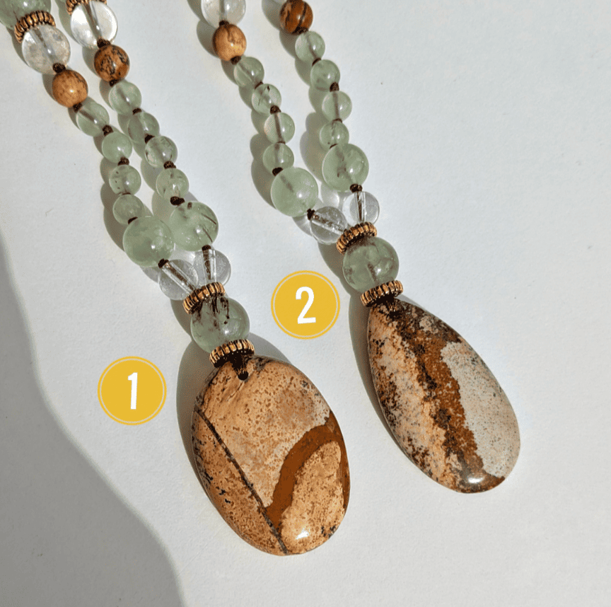 Collier mala "J'accueille" - Jaspe paysage, Prehnite, Cristal de roche