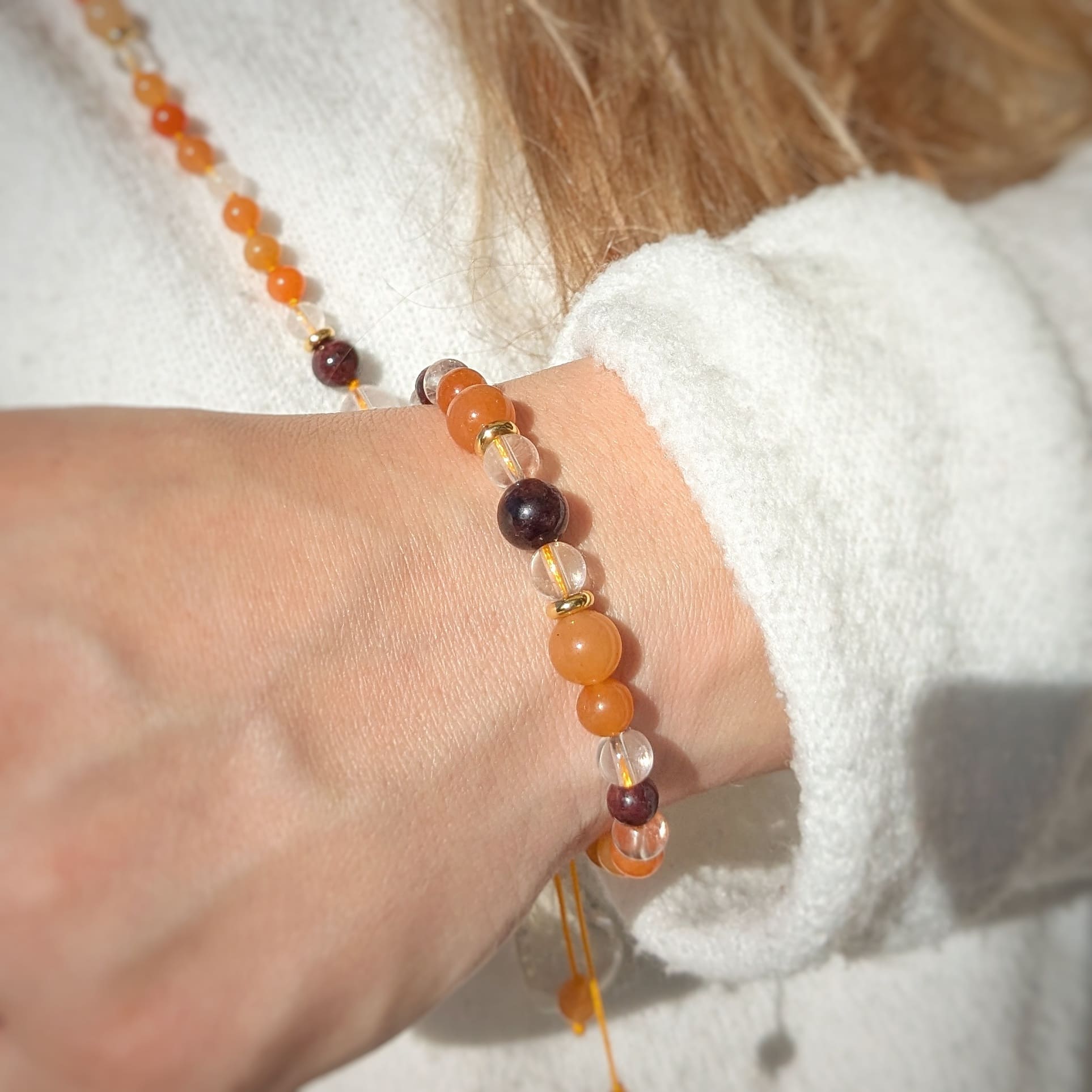 Collier mala "J’OSE" — Aventurine orange, Grenat & Cristal de roche