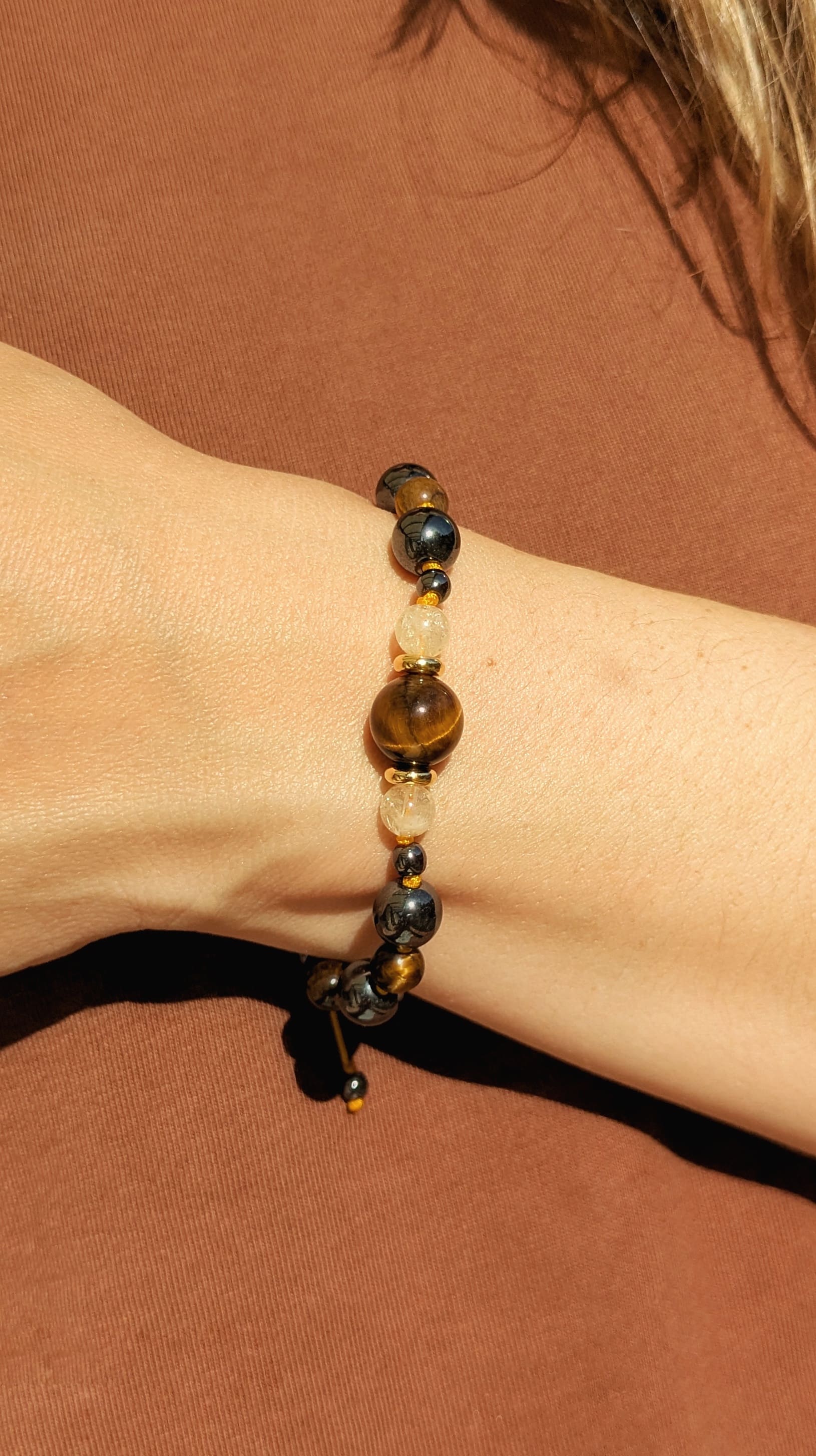Collier mala "JE PRENDS MA PLACE" - Hématite Oeil de tigre et Citrine