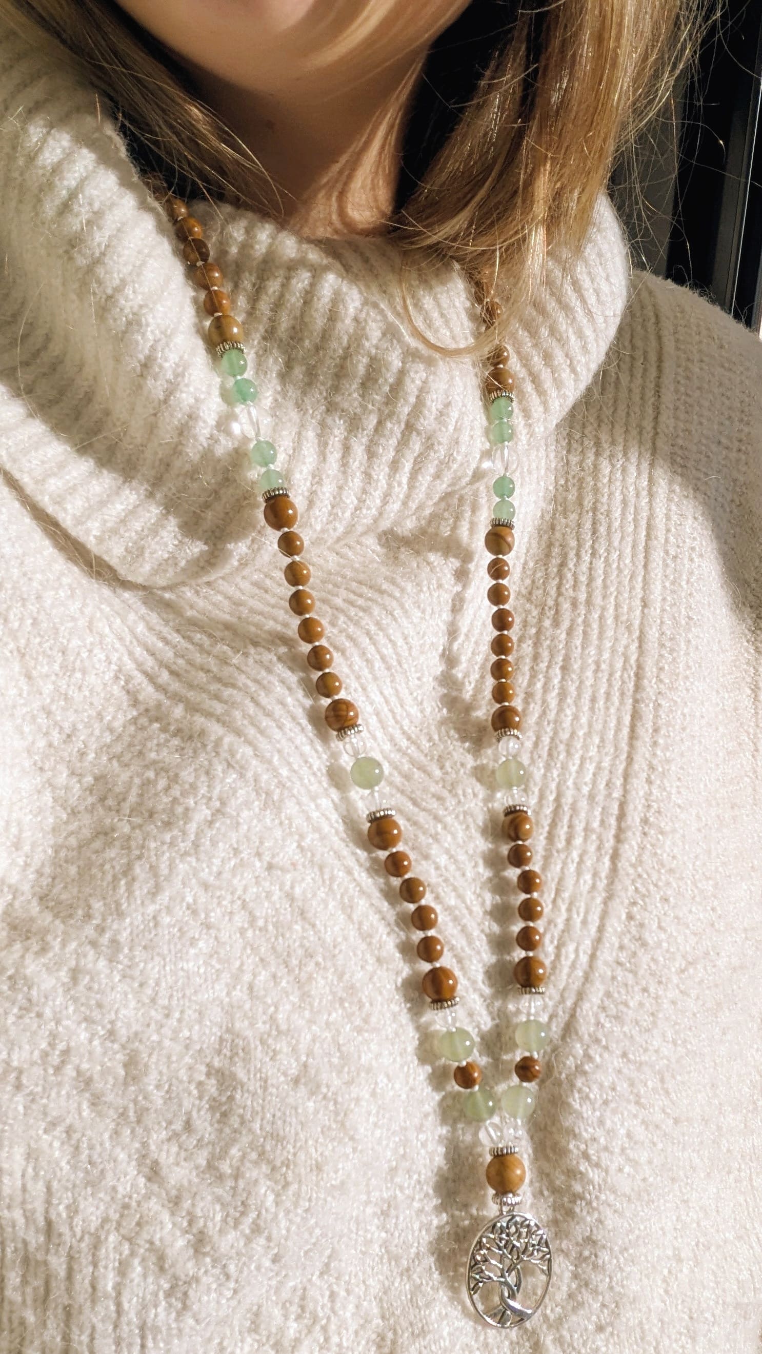 Collier mala "Je manifeste" - Aventurine, Cristal de roche, Bois fossile