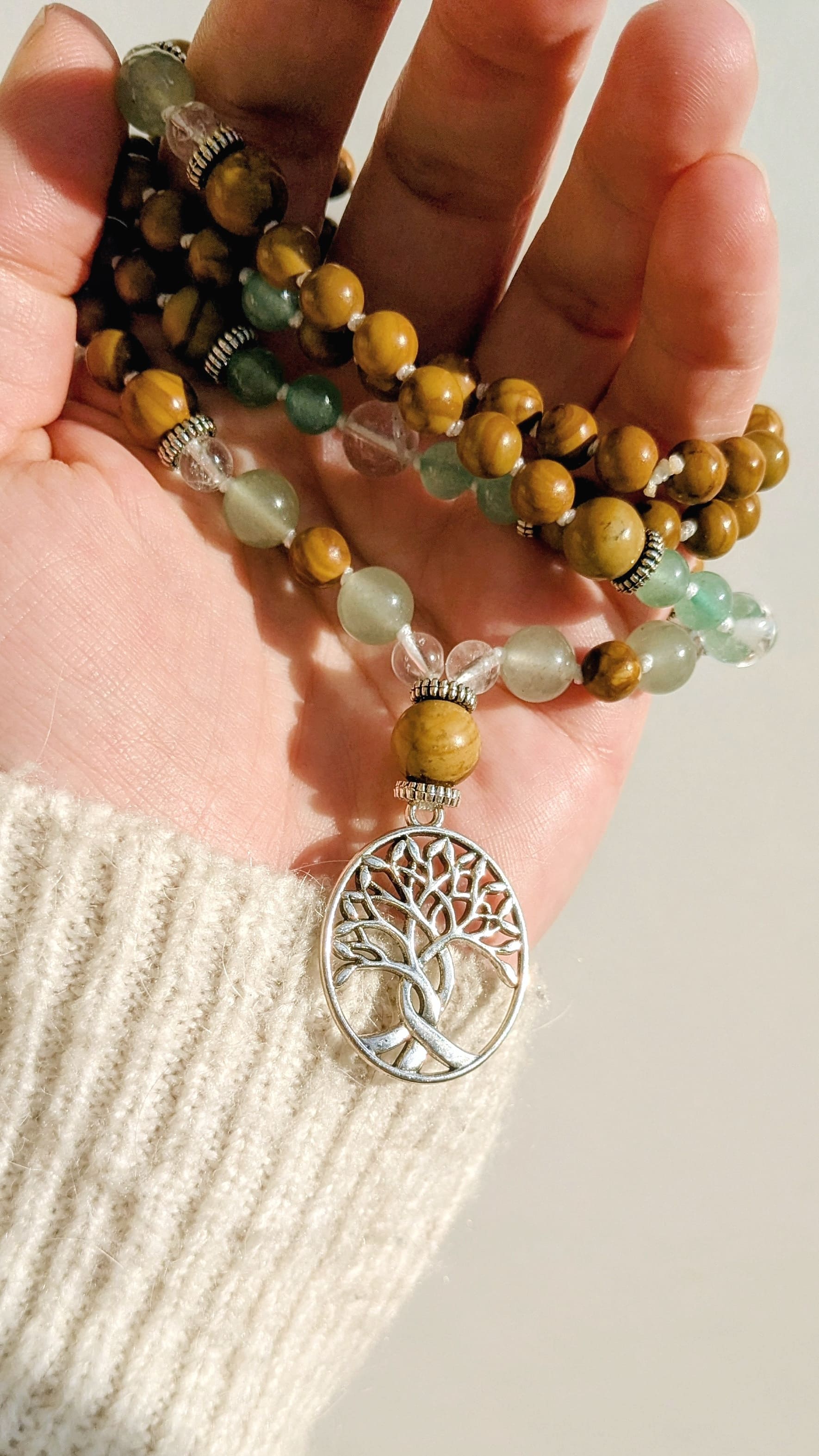 Collier mala "Je manifeste" - Aventurine, Cristal de roche, Bois fossile
