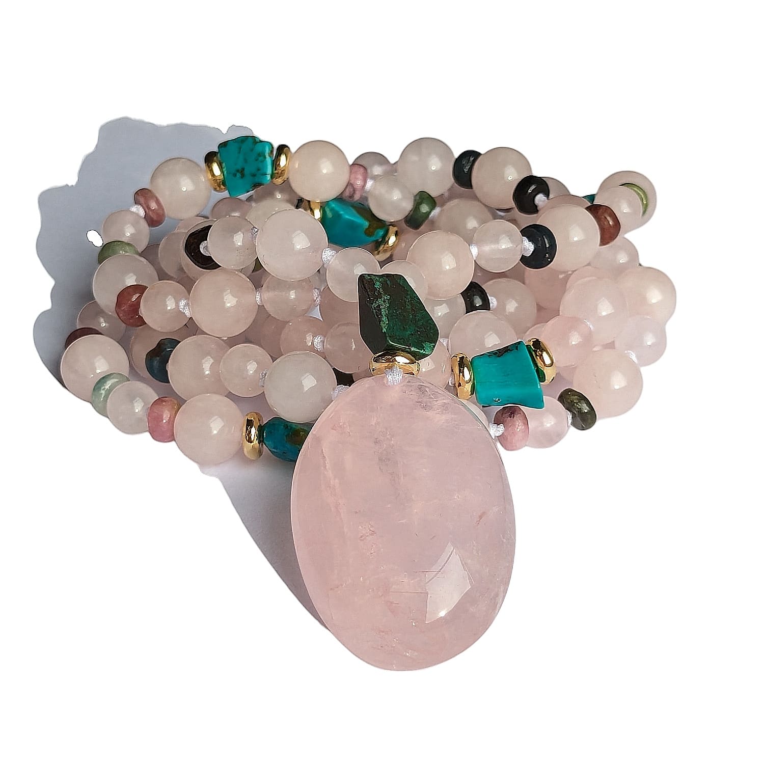 collier mala traditionnel pierre de quartz rose, turquoise et tourmaline