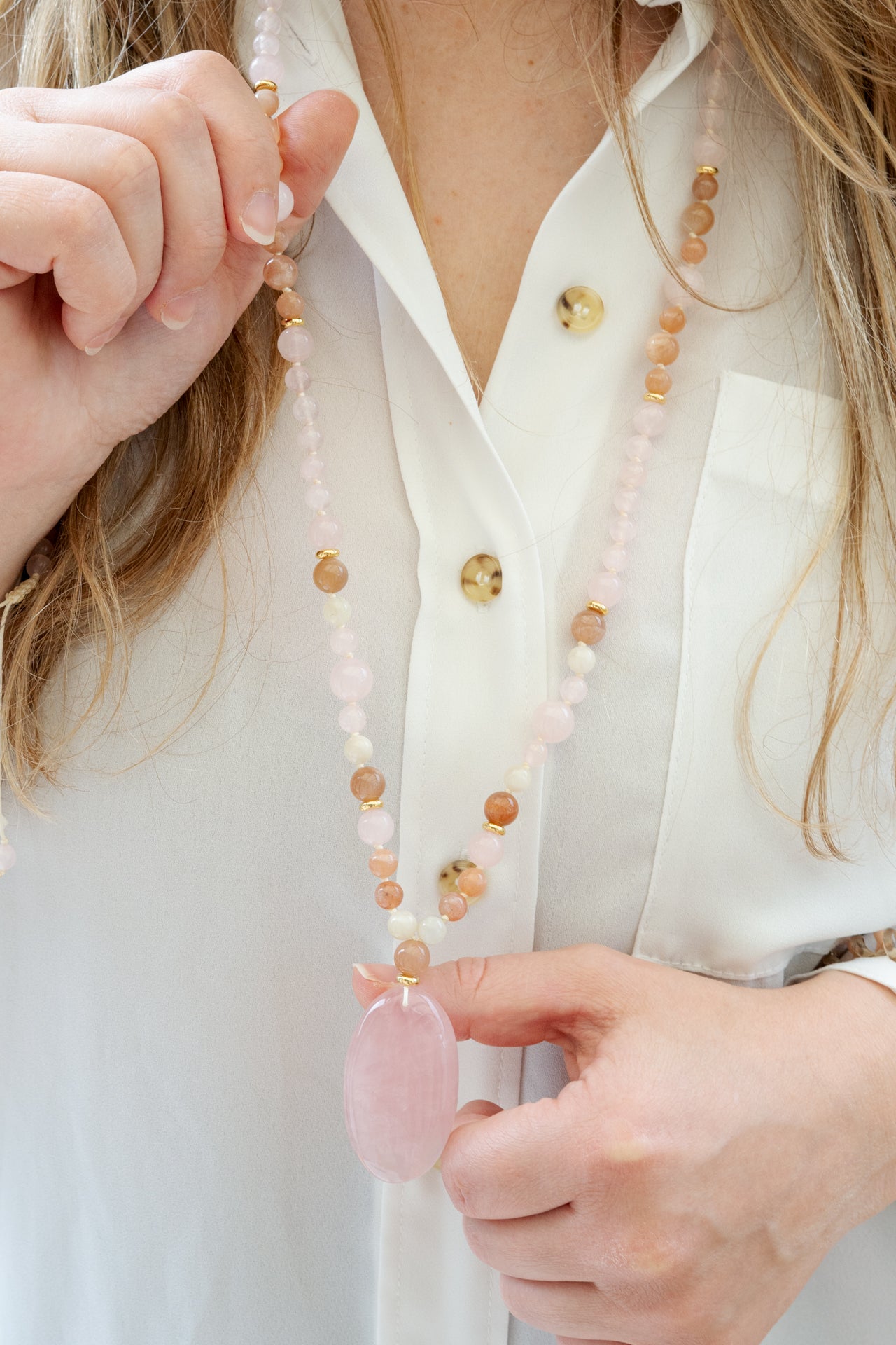 Collier mala "JE CÉLÈBRE" - Quartz rose et Pierre de lune