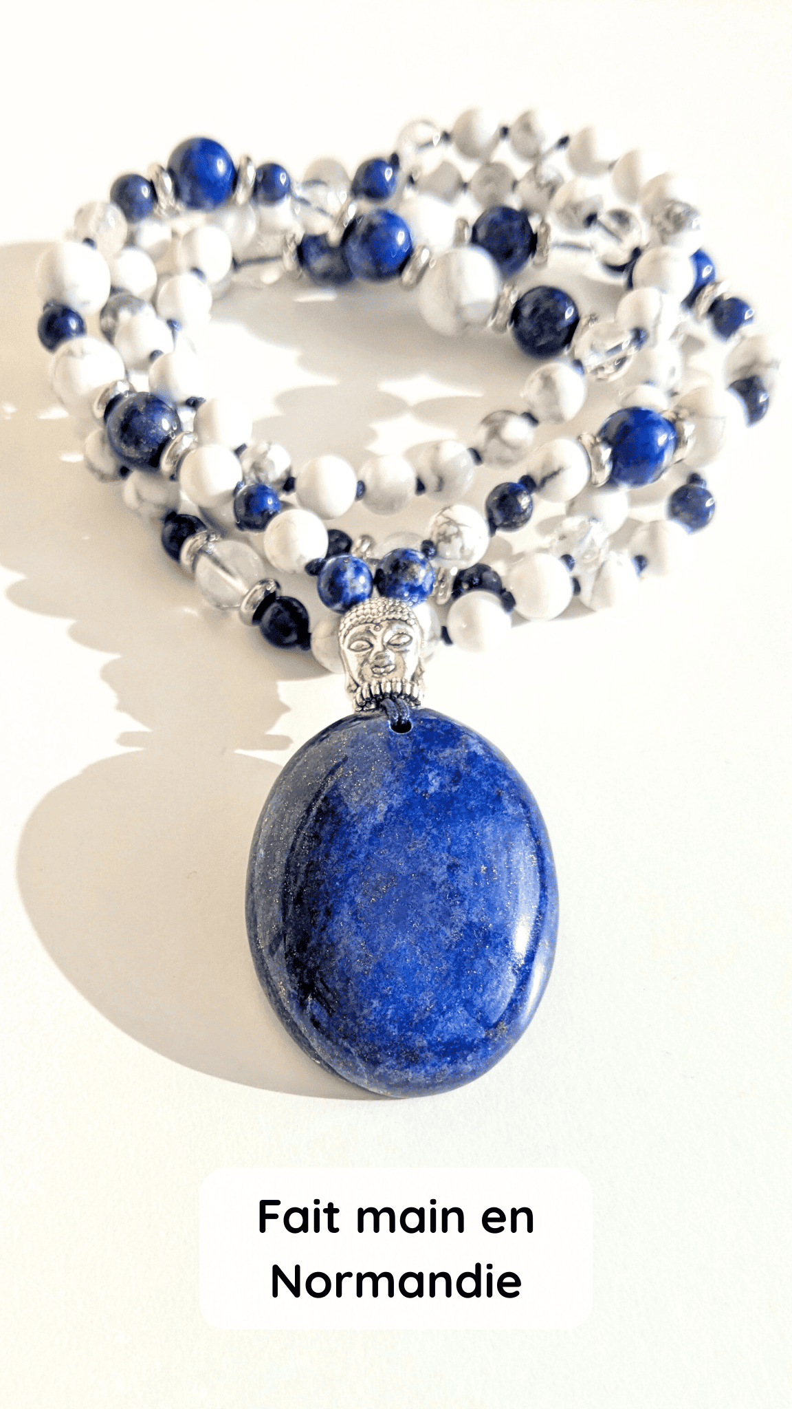 Collier mala "Je vois" - Lapis-lazuli, Howlite, Cristal de roche