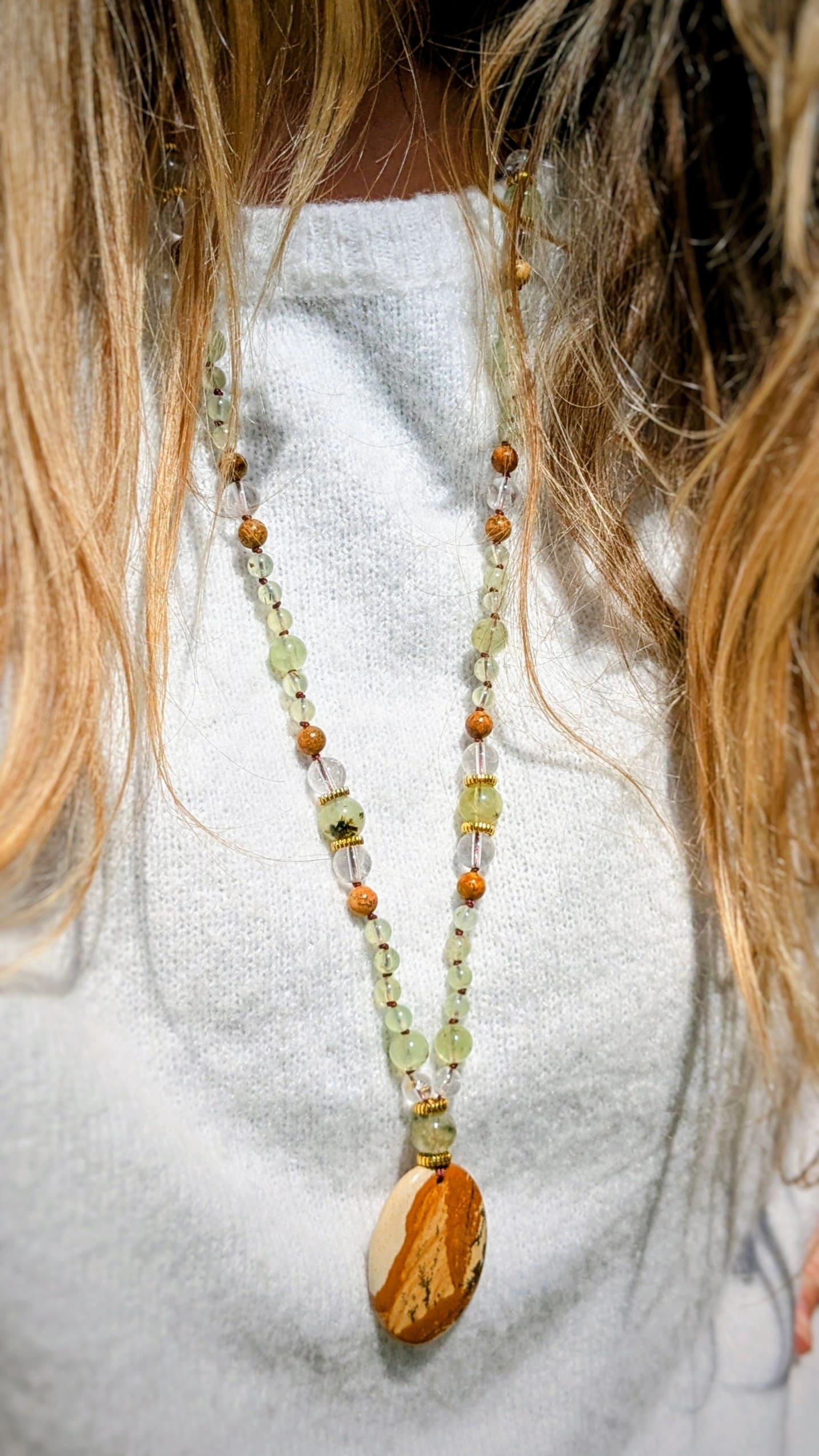 Collier mala "J'accueille" - Jaspe paysage, Prehnite, Cristal de roche