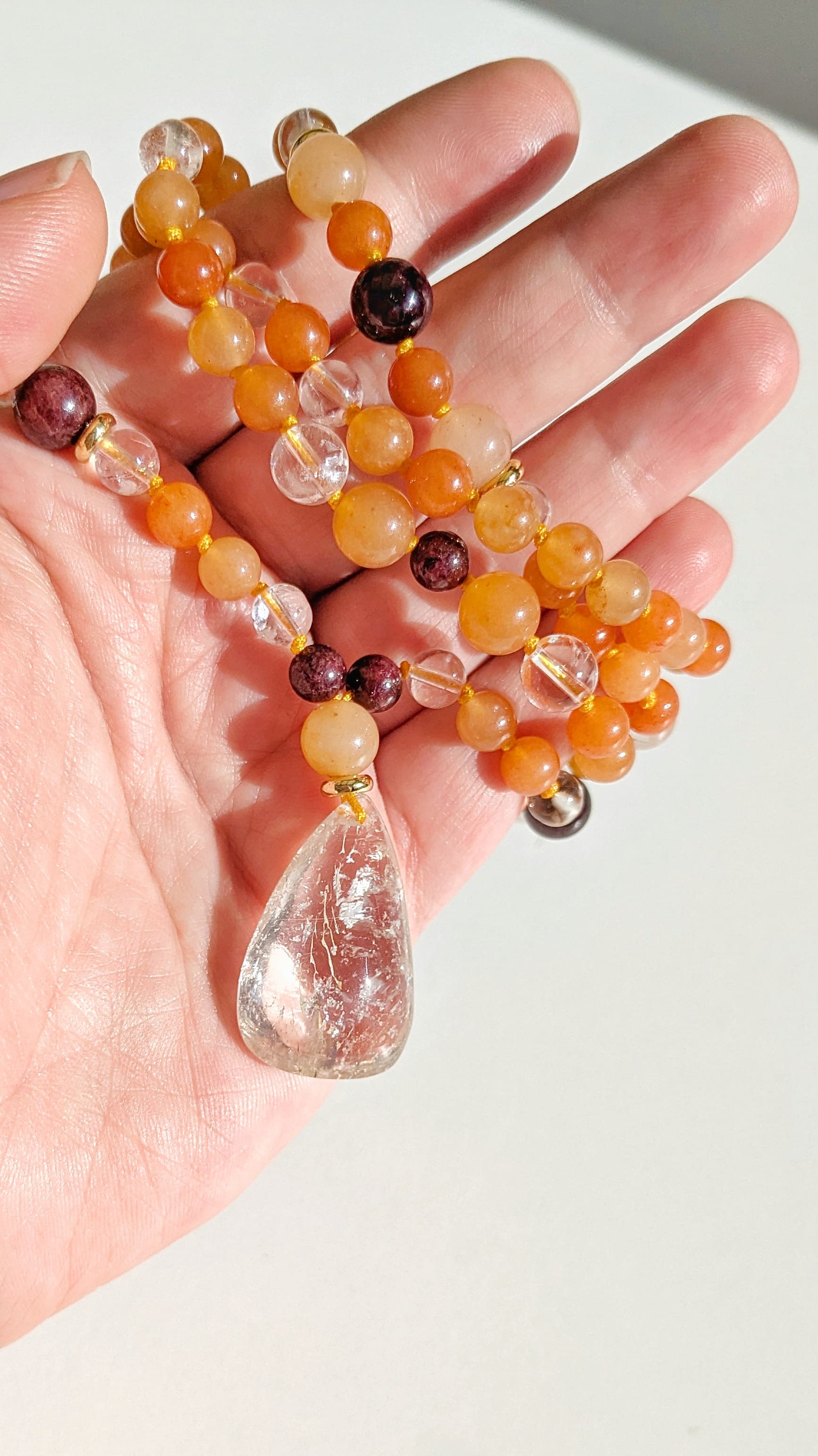 Collier mala "J’OSE" — Aventurine orange, Grenat & Cristal de roche