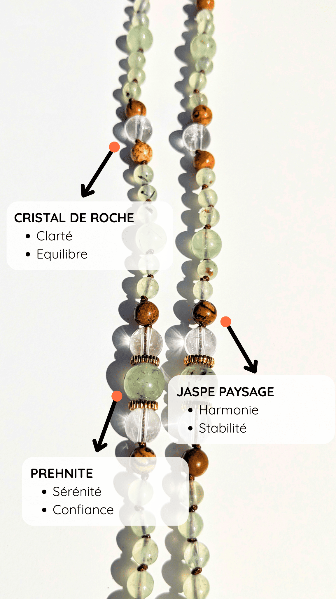 Collier mala "J'accueille" - Jaspe paysage, Prehnite, Cristal de roche