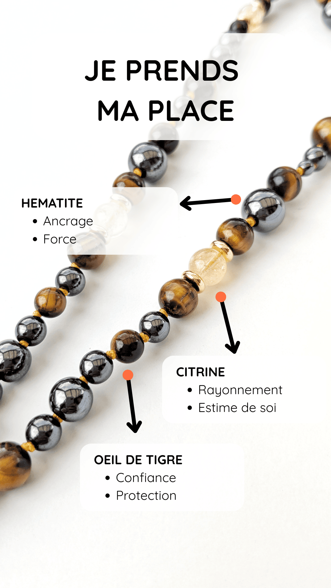 Collier mala "JE PRENDS MA PLACE" - Hématite Oeil de tigre et Citrine