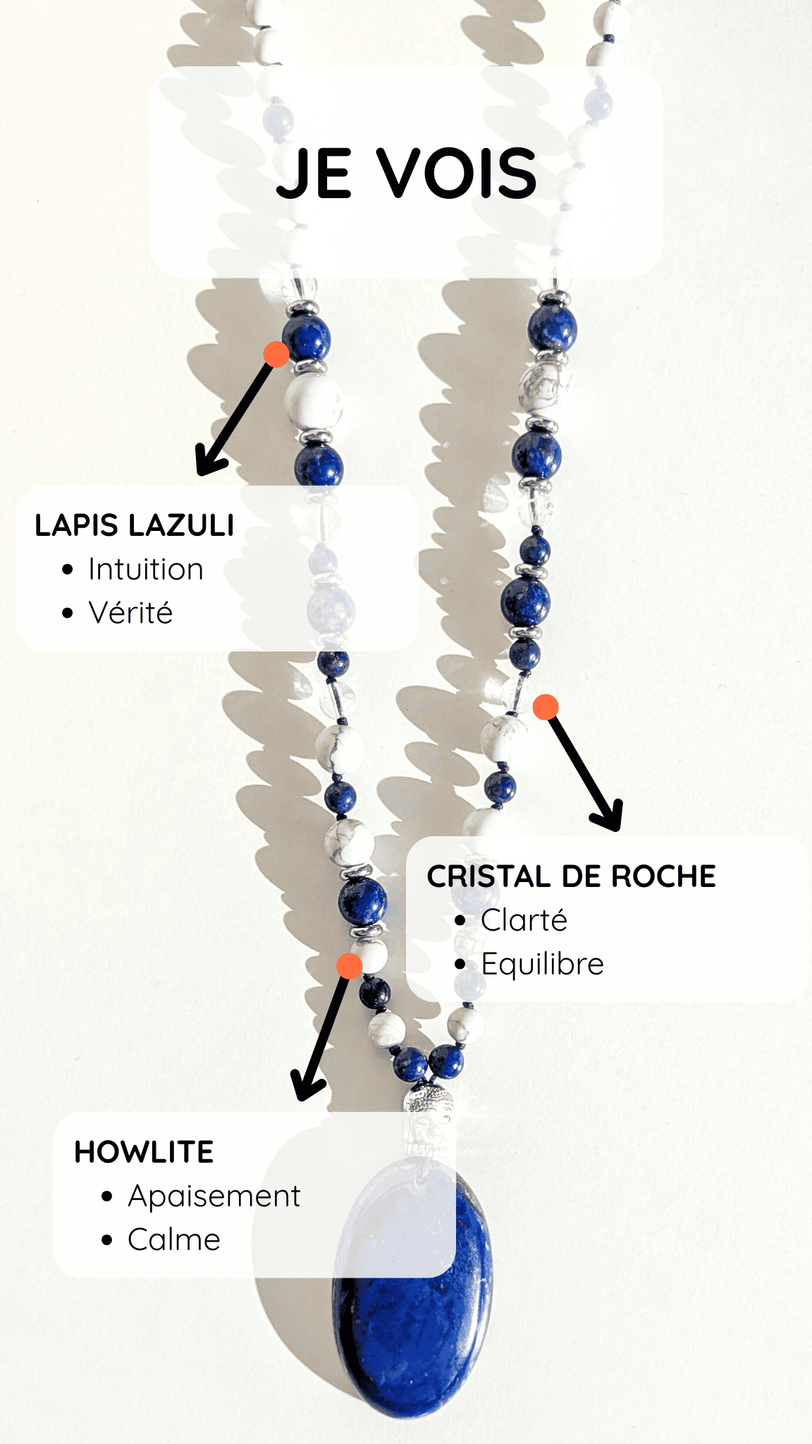 Collier mala "Je vois" - Lapis-lazuli, Howlite, Cristal de roche