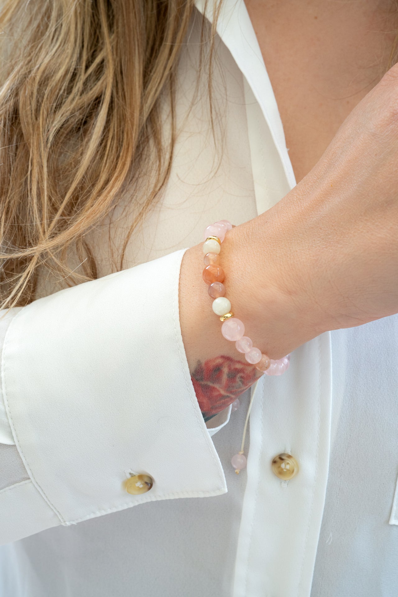 Collier mala "JE CÉLÈBRE" - Quartz rose et Pierre de lune